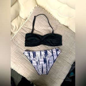 Bikini - Black Halter Top & White/ Navy Bottoms
